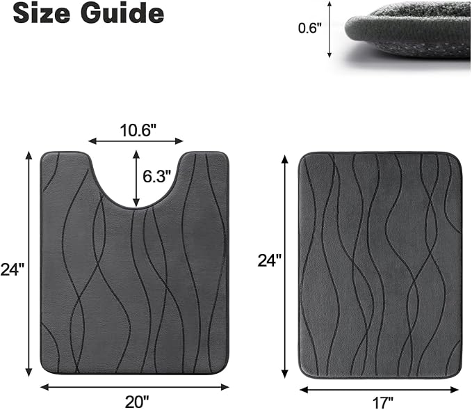 YIHOUSE Bathroom Rugs Set 2 Piece, Memory Foam Bath Mat Dark Grey | U Shaped+Small Mat, Ultra Soft, Absorbent, Non-Slip, Machine Washable, for Bathroom, Sink and Toilet