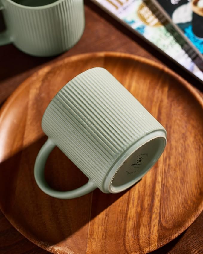 famiware Coffee Mug Set for 4, Star 16 oz Catering Mugs Cup Set with Handle for Coffee, Tea, Cocoa, Milk - Ceramic Stoneware Drinkware Set, Matte Green