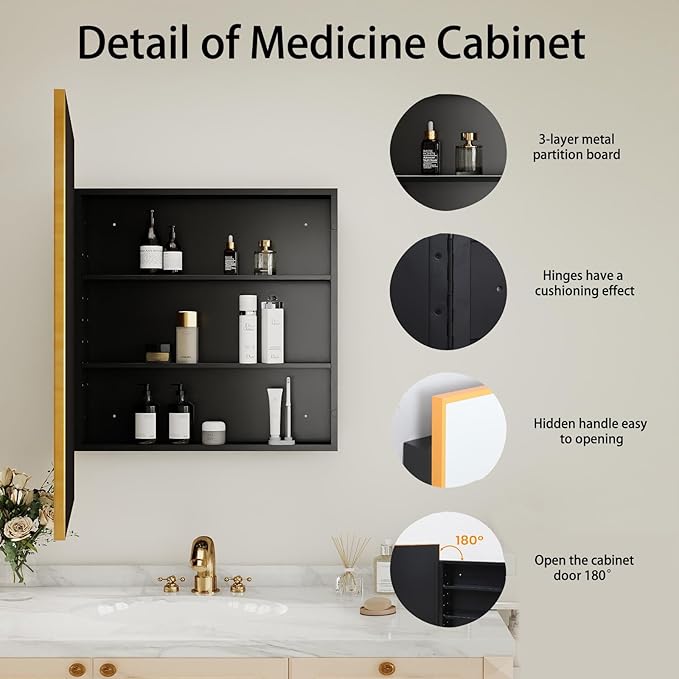 Brushed Sliver Metal Medicine Cabinet Right-Angled Rectangle-Design,Bathroom Mirror with Storage, Recessed or Surface Mounted, 2 Adjustable Metal Shelves (Brushed Gold, 24x32)