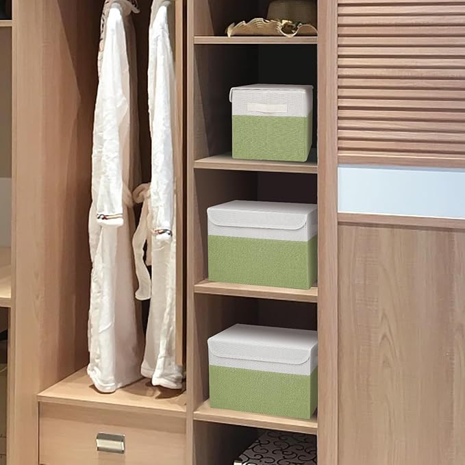 Bagnizer Large 22 Quart Linen Fabric Foldable Storage Bin Cube Organizer Basket with Flip-Top Lid & Handles, Clothes Blanket Box for Home, Office, Closet, Green & White, 4 Pack 14.6 x 9.5 x 9.5