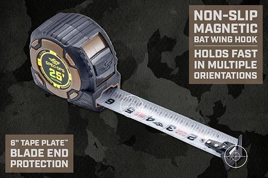 Spec Ops Tools Elite Series Tape Measure for Measuring & Layout, 1 1/4" Double-Sided Blade, Heavy Duty Military-Grade Composite Case, 25 Foot Magnetic + Fractional