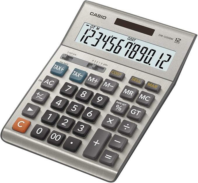 Casio DM-1200BM – Business Desktop Calculator with Cost/Sell/Margin & Tax Keys | Extra-Large 12-Digit Display, Kickstand | Ideal for Office & Finance Use, Silver