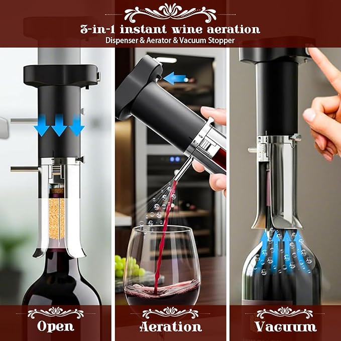 Electric Wine Opener Set with Aerator Pourer and Vacuum Sealer | Automatic Corkscrew, Drip-Free Pouring, Wine Preservation for Over 10 Days, Ideal Gift for Home, Restaurants, Parties