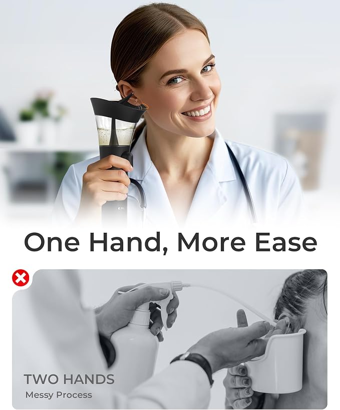 KAUGIC Manual Ear Wax Cleaner – Safe, Comfortable & Easy to Use Seamless One-Hand Operation, Black | Gentle Ear Irrigation Tool, Effortless Hand-Controlled Flow, Soft Silicone Tips, Comfortable Ergonomic Grip, FSA - HSA