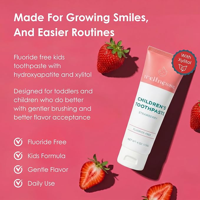 Hydroxyapatite Toothpaste, Whitening, Fluoride Free, Strawberry, 4 Oz | Wellnesse Kids, Toddlers or Children, SLS Free, Xylitol Formula, Gentle Enamel Care, Fresh Breath and Daily Brushing Habits