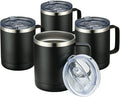 MEWAY 12oz Coffee Mug With Handle 4 Pack Bulk,Stainless Steel Insulated Travel Tumblers With Sliding Lid,Double Wall Vacuum Camping Cup for Hot & Cold Drinks Tea (Black,Set of 4)