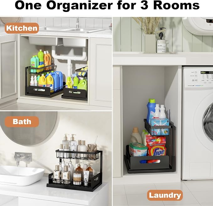 REALINN Under Sink Organizer, L-Shaped 2 Tier Pull Out Cabinet Organizer for Kitchen and Bathroom, Slide Out Under Cabinet Storage, Metal Under Sink Storage with Sliding Drawer, 50 lbs, Black 2 Pack
