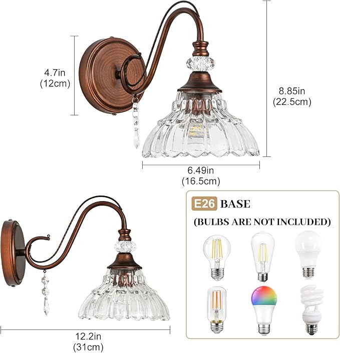 1 Piece Vintage Wall Sconce, 1-Light Matte Antique Red Bronze Finish Wall Sconce with Hanging Crystal Accents and Flower-Shaped Clear Shades for Bathroom Bedroom Living Room,Vintage Vanity Light