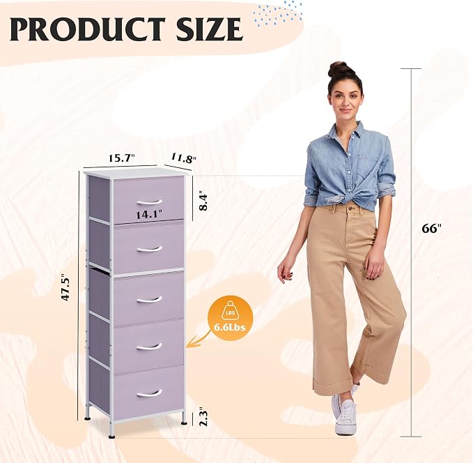 WLIVE Fabric Dresser, 5-Drawer Tall Dressers for Bedroom, Storage Dresser Organizer with Fabric Bins, Wood Top, Sturdy Steel Frame, Chest of Drawers for Closet, Hallway, Purple