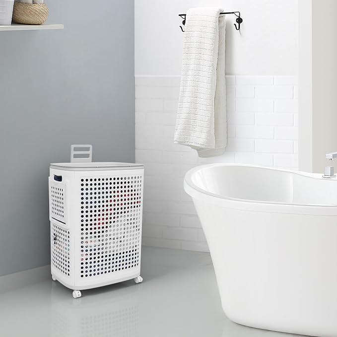 70L Laundry Basket with Wheels, Rolling Laundry Hamper with Lid and Handles, Plastic Rattan Clothes Organizer, Dirty Clothes Basket for Laundry Room, Bedroom, Dormitory Storage