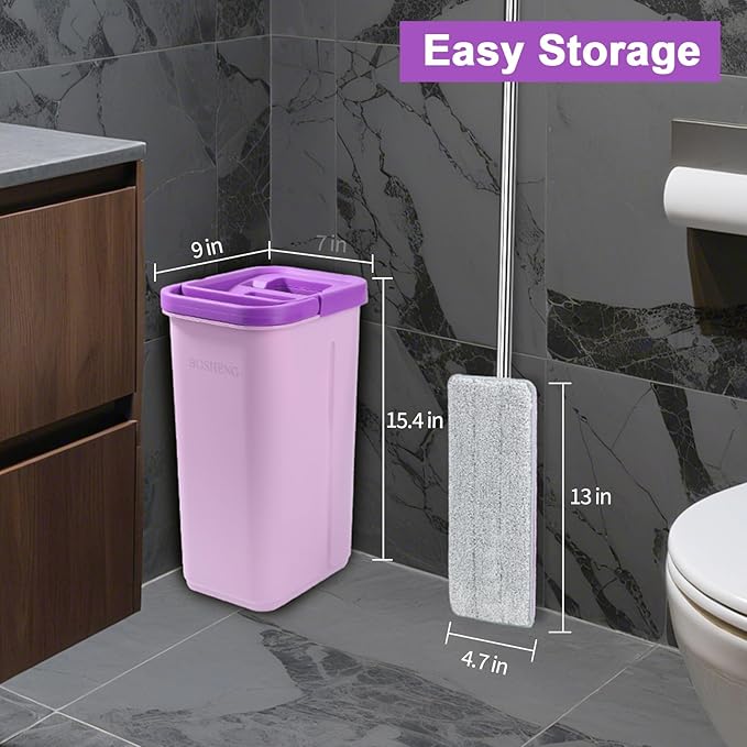 BOSHENG Mop and Bucket with Wringer Set, Hands Free Flat Floor Mop and Bucket, 3 Washable Microfiber Pads Included, Wet and Dry Use, Home Floor Cleaning System for All Floor Types and Windows, Purple