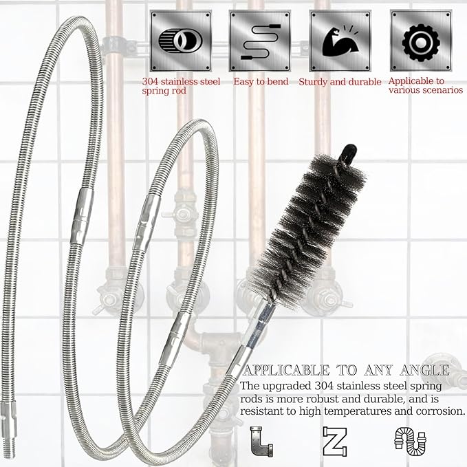 50 in Pipe Cleaning Brush Set with Stainless Steel Bristles, Wire Brush with 4pcs Stainless Steel Spring Flexible Rods, Stainless Steel Pipe Brush 8pcs for Auto Parts, Bottles, Tubes.