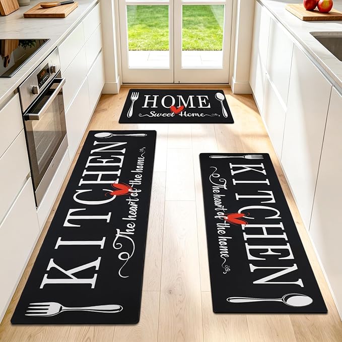 Kitchen Rugs Set 3 Piece, Non Slip Kitchen Mats for Floor, Soft Fabric with Rubber Backing, Farmhouse Anti Fatigue Runners Carpet for Home Kitchen Laundry Room Hallway (Black)