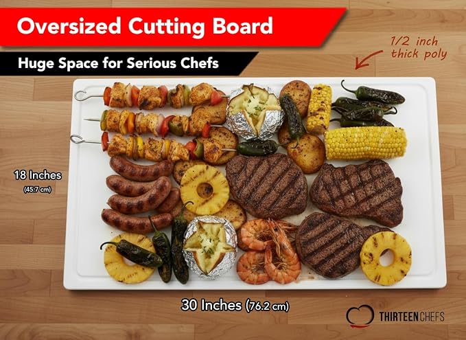 Thirteen Chefs Extra Large 30x18 Inch Cutting Board with Juice Groove - Great for Carving, Fish, Meat and Game – 1/2 Inch Thick White HDPE Plastic, 10 pounds