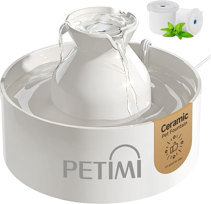 PETIMI Ceramic Cat Water Fountain, 3L/101 fl oz Ultra-Quiet Pet Water Fountain, Automatic Water Dispenser for Cats & Small Dogs, No Spill Cat Water Bowl, BPA-Free, 2 Filters Included, Easy to Clean