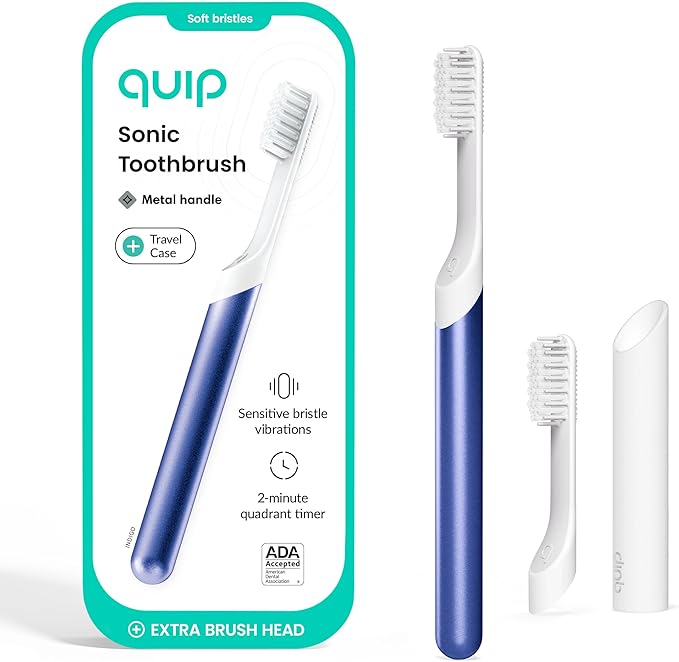 Quip Sonic Toothbrush for Adults with Timer - Includes Extra Brush Head and Travel Cover Mount - Electric, Soft Bristle Refill Head, Metal Handle, 3 Month Battery Life - Travel Toothbrush - Indigo