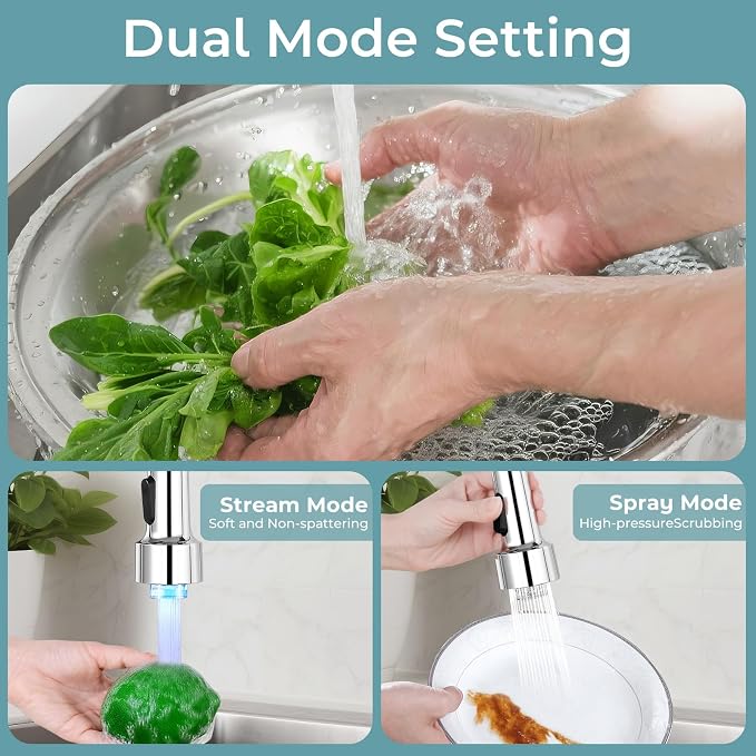 Kitchen Faucet with LED Pull Down Sprayer Chrome | 2-mode sprayer, 360° high arc spout, 304 SS build, drip-free valve, fingerprint-resistant, DIY install, 500K cycle tested