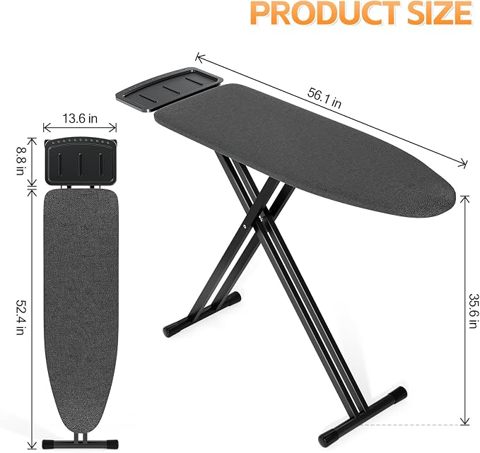 APEXCHASER Ironing Board Full Size, Iron Board and Ironing Board Set Height Adjustable, Foldable Ironing Boards Standard Size, Iron Table Stand with Anti-Skid Legs and Iron Rest, 13" x 43" Black