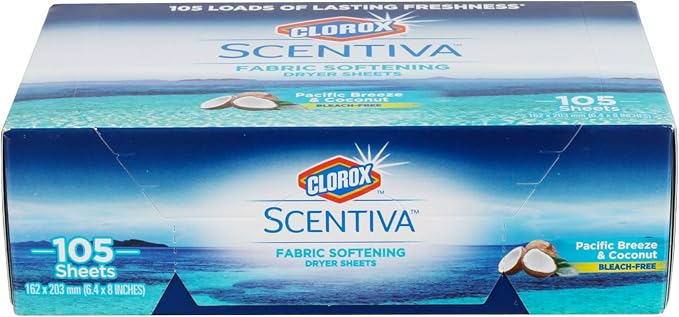 Clorox Scentiva Fabric Softener Dryer Sheets, Pacific Breeze & Coconut Scent - Wrinkle Reducing Scented Softening Laundry Dryer Sheets for Great Smelling Clothes, 105 Count