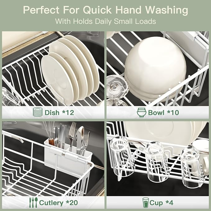 White Dish Drying Rack Over The Sink with Utensil Holder | Expandable Stainless Steel Dish Drainer for Small Kitchen, Apartment, RV, Counter Space Saving, Perfect Fit, Rustproof