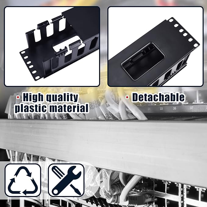 Taiyin 8 Pcs 2u 19 Inch Horizontal Cable Management Panel, 12 Slot Rack Cable Organizer with Removable Cover for Server & Network Rack