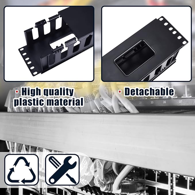 Taiyin 4 Pcs 2u 19 Inch Horizontal Cable Management Panel, 12 Slot Rack Cable Organizer with Removable Cover for Server & Network Rack