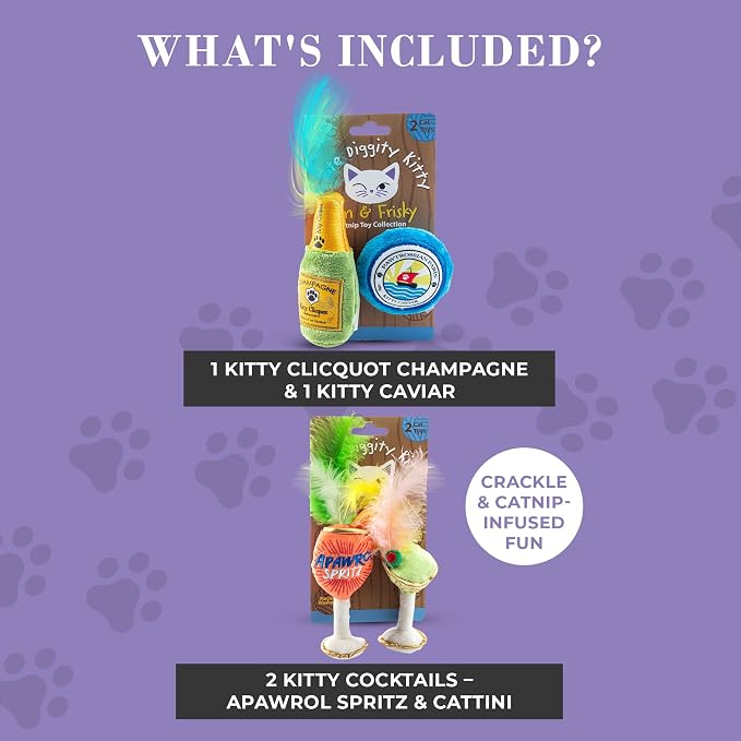 Haute Diggity Kitty Clicquot Champagne & Caviar + Kitty Cocktails Apawrol Spritz & Cattini Set, Plush Cat Toys Catnip Filled with Interactive Crackle Sound, Safe, Durable Toys for Cat & Kitten, 4 Pcs