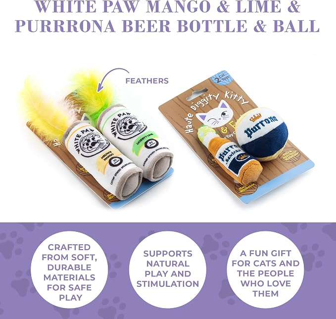 Haute Diggity Kitty White Paw Mango & Lime + Purrrona Beer Bottle & Ball Set, Plush Cat Toys Catnip Filled with Interactive Crackle Sound, Safe & Durable Toys for Cat & Kitten, 4 Pcs