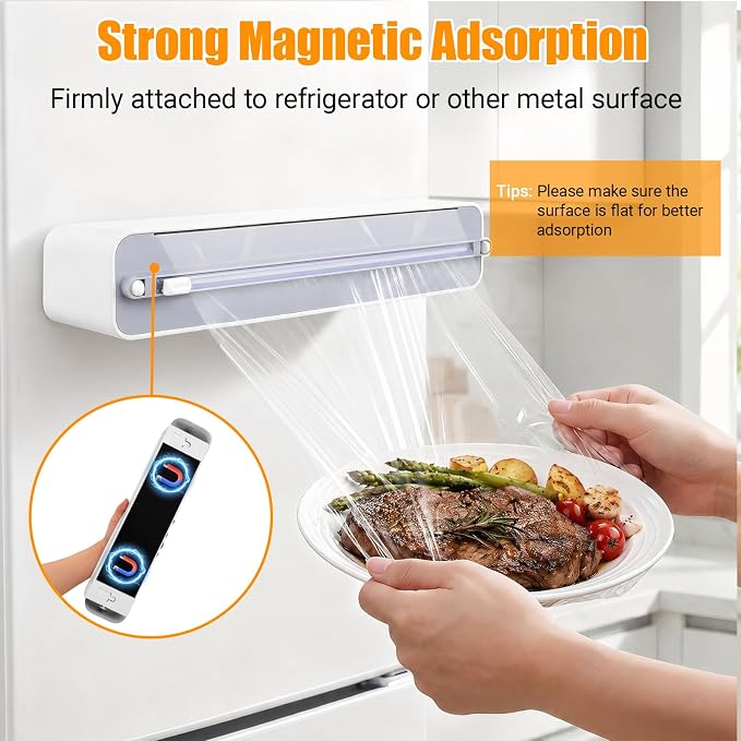 2 Pack Magnetic Plastic Wrap and Foil Dispenser with Cutter, Fits for Max 12.8In x 328Ft Cling Film, Adhesive Wall Mounted Aluminum Foil and Wrap Organizer Holder for Kitchen