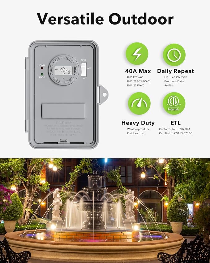 BN-LINK Pool Pump Timer, Outdoor Timer Box, Heavy Duty, 2HP 40A Max, 120, 240, 277 VAC, for Pool Pump, Water Heater, Fans, SPA, ETL Listed (Digital)
