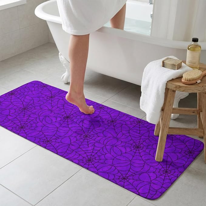 Purple Halloween Bathroom Runner Rugs Non Slip Washable Absorbent Narrow Long Bath Mat Black Spiders Net Classic Gingham Runner Rugs for Kitchen Hallway Bedroom Laundry Study Room 19.7"x63"