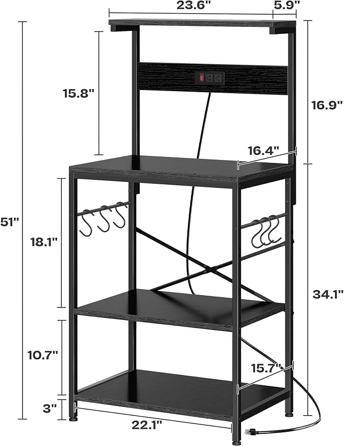 SUPERJARE Kitchen Bakers Rack with Power Outlet, Coffee Bar Table 4 Tiers, Kitchen Microwave Stand with 6 S-shaped Hooks, Storage Shelf Rack for Spices, Pots and Pans - Black