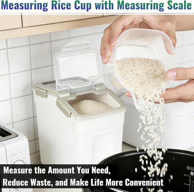 Rice Container 25 lbs Large Bulk Flour Sugar Storage Holdhouse Plastic Grain Cereal Dry Goods Bin with Spoon and Measuring Cup for Kitchen Pantry Organization - Grey