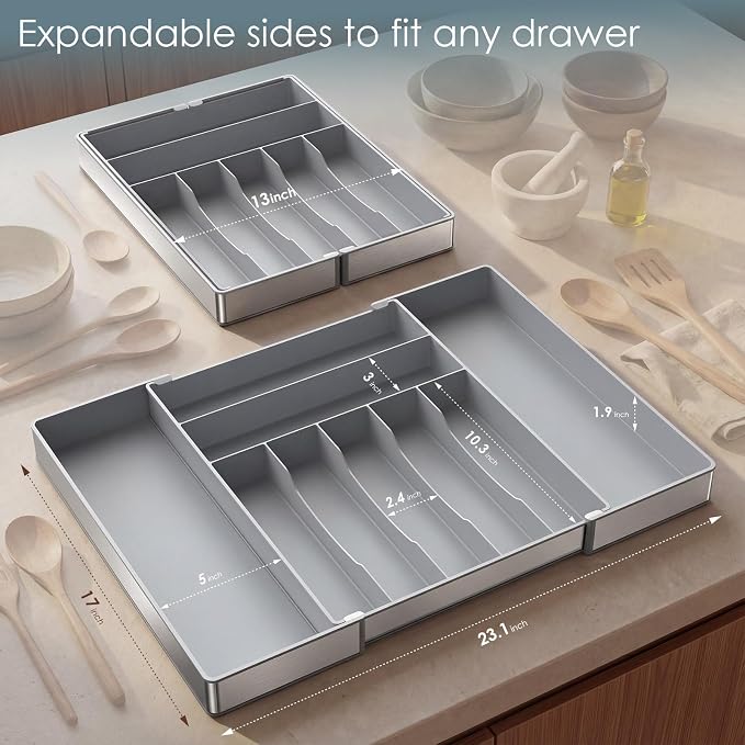 Heavy Duty Stainless Steel Frame Silverware Organizer with Plastic Body, Extra Large Silverware Drawer Organizer, 9 Slot Expandable Kitchen Drawer Organizer, 8 Non-Slip Feet Included, BPA Free, Gray