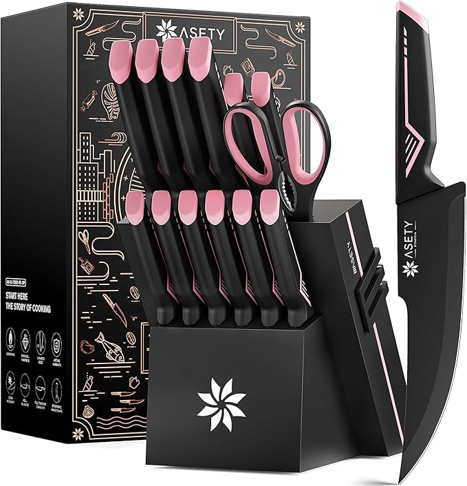 ASETY 15 PCS Knife Set with Block and Sharpener, Dishwasher Safe, Pink | Razor Sharp Kitchen Knives, Stainless Steel Knife Block Set, Ergonomic Non-Slip Handle, Elegant Box for Her Girls Women Wife