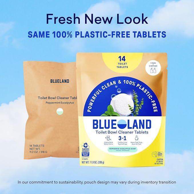 BLUELAND Toilet Bowl Cleaner Tablets, 14 Count (Pack of 1), Peppermint Eucalyptus, Plastic-Free, No Harsh Chemicals, Plant-Based, Septic-Safe, Removes Lime, Rust, Hard Water and Toilet Ring Stains
