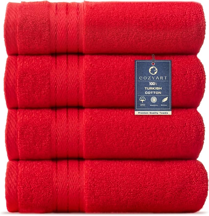 COZYART Luxury Hand Towels 4 PCS, Red 100% Turkish Cotton 650 GSM | OEKO-Tex 100 Certified Zero Twist Ring Spun, Soft Absorbent Quick Dry, Plush Fluffy, Breathable Hotel Quality for Daily Use