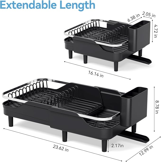 Urackify Expandable Dish Drying Rack for Kitchen Counter, 16.2-23.7", Black | Adjustable Capacity, Countertop-Stay-Dry Drainboard, Stable Plate Rack, Spave Saving for Apartment, RV, Dorms