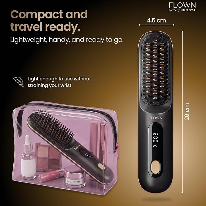 FLOWN® Original Go Brush MAX [Five Minutes Hair Styling Routine] - No Damage Heat Brush with USB-C Charger - Electric Travel Pocket Brush for All Hair Types - Black (Formerly Numoya)