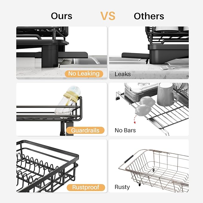 SNTD Dish Drying Rack - Extendable Dish Rack, Large Sink Drying Dish Drainer for Kitchen Counter, Stainless Steel Dish Strainer with Utensil Holder (Black)