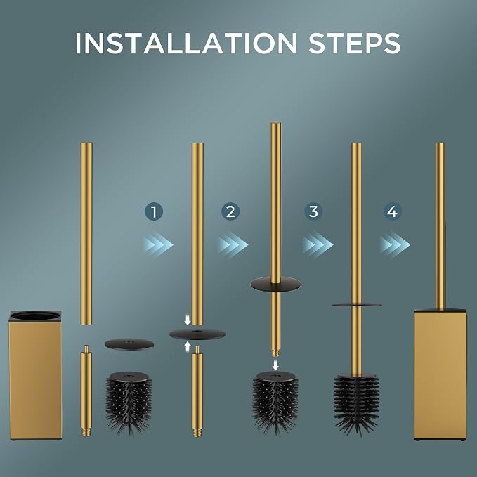 FORIOUS Short Toilet Brush and Holder Set, Heavy Duty 304 Stainless Steel Base Square and Long Handle for Bathroom Deep Cleaning, Drip-Proof, Space Saving for Storage, 2 Toilet Bowl Brush Head, Gold