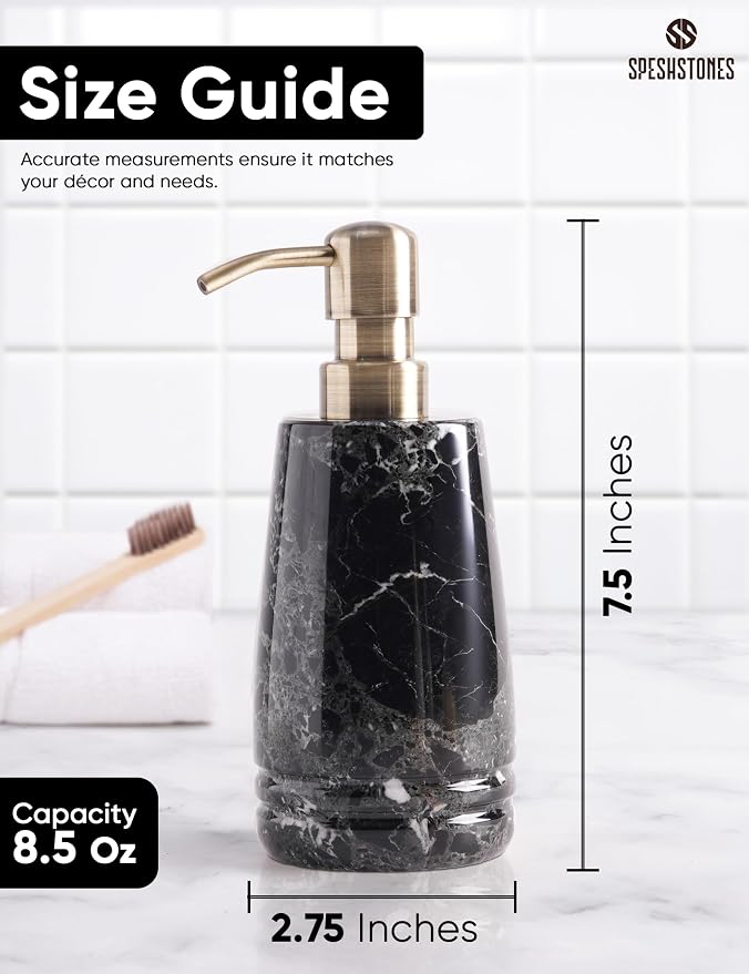 Marble Soap Dispenser 7.5'' Black Dish Soap Dispenser with Stainless Steel Pump, Refillable Liquid Hand Soap Dispenser with 8.5 Oz Capacity for Kitchen Sink and Bathroom Countertop