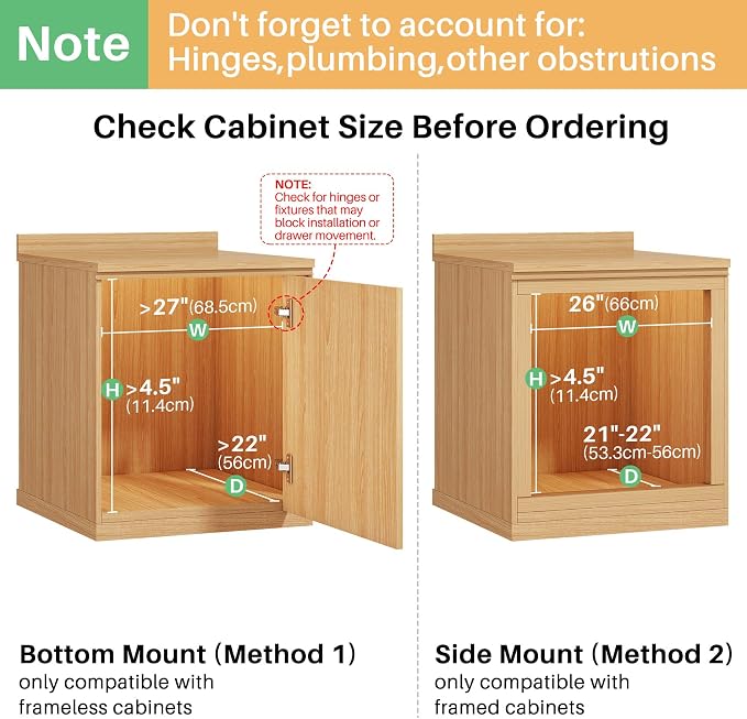 Pull Out Cabinet Organizer, Soft Close Wooden Slide Out Drawers for Pots and Pans, Full-extension Roll Out Shelves for Kitchen Cabinets, Pantry Organization, Bottom & Side Mount(26"W X 21"D x 3.4''H)