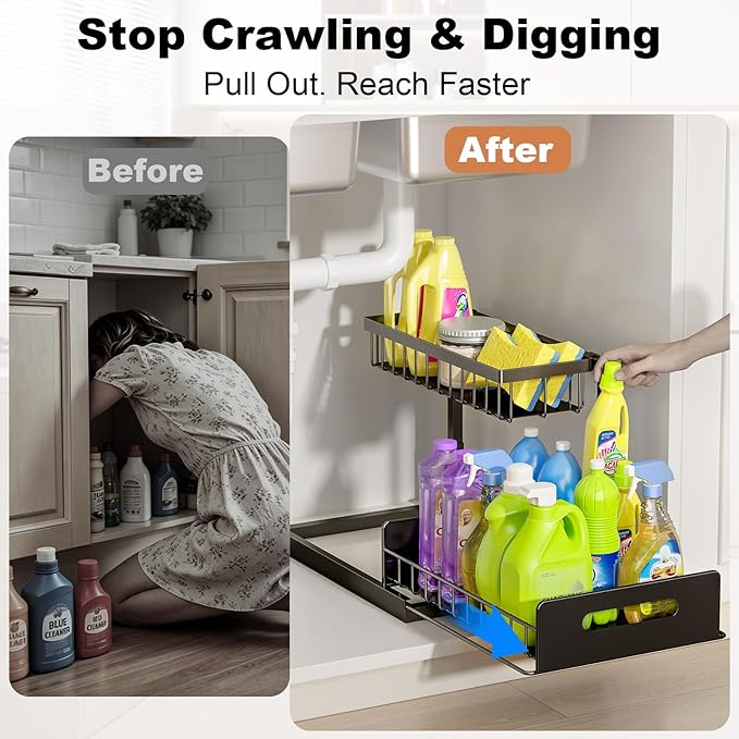 REALINN Under Sink Organizer, L-Shaped 2 Tier Pull Out Cabinet Organizer for Kitchen and Bathroom, Slide Out Under Cabinet Storage, Metal Under Sink Storage with Sliding Drawer, 50 lbs, Black 2 Pack