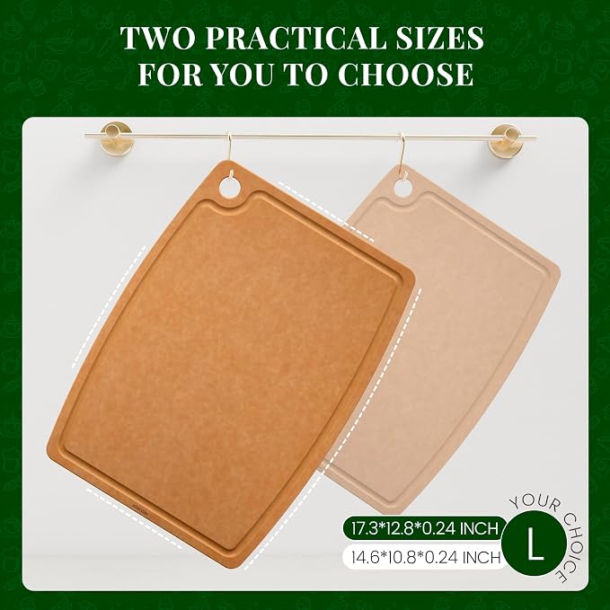 Kikcoin Wood Cutting Board, Cutting Boards for Kitchen Dishwasher Safe Non-slip Chopping Board with Juice Groove, Wood Fiber Composite Cutting Board with Hanging Hole, 17.3"*12.8"