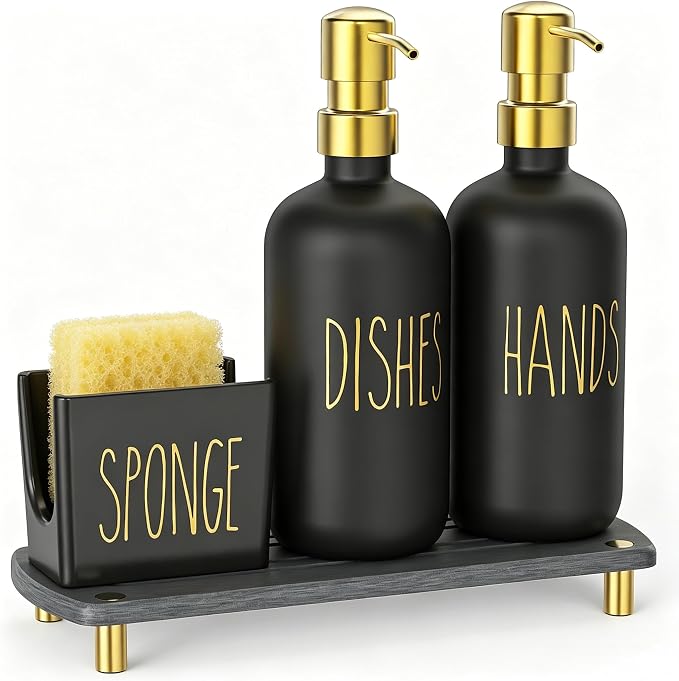Cisily Kitchen Soap Dispenser Set Comes with Ceramics Sponge Holder, Gold Pumps, and Instant Dry Tray, Hand and Dish Soap Dispenser Set (4, Gold + Black + Sponge Holder)