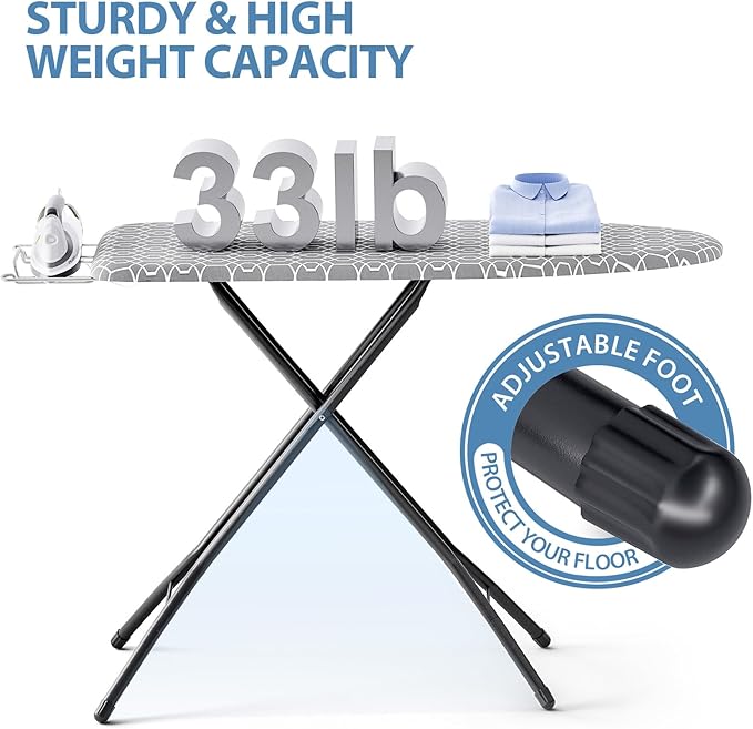 KINGBOARD Foldable Ironing Board Full Size, Iron and Ironing Board Set Standard Size, Iron Boards with Ironrest & Adjustable Height,Heavy Duty Iron Table Stand with Metal Legs &Thick Cover,43x13 Gray | Foldable, Height Adjustable, Iron Rest, Extra Thic...