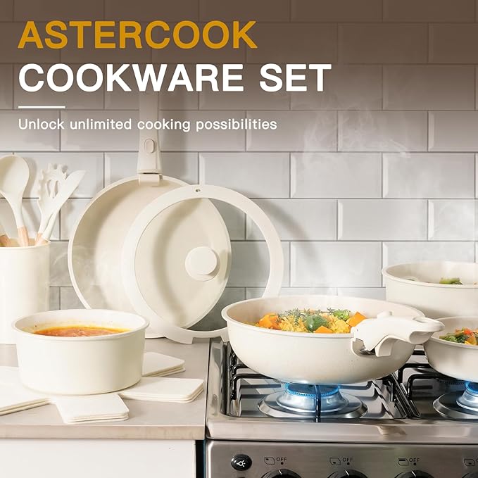 Astercook 21 Pcs Pots and Pans Set Non Stick, Ceramic Cookware Set Detachable Handle, RV Kitchen Cooking Set Removable Handles, Oven Safe, Induction Ready, Stackable, Cream, Fathers Day Gift for Men