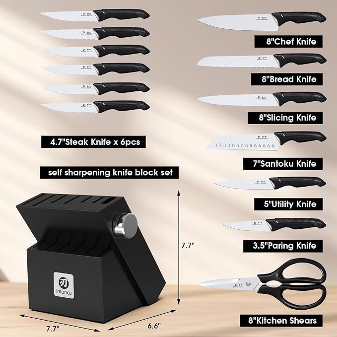 imarku 14-Piece Japanese High-Carbon Stainless Steel Knife Set，Black | Kitchen Knife Set with Block|15°Precision Edge | 56±2 HRC Hardness | Built-in Sharpener|Ergonomic Handles|Gifts Mom & Dad