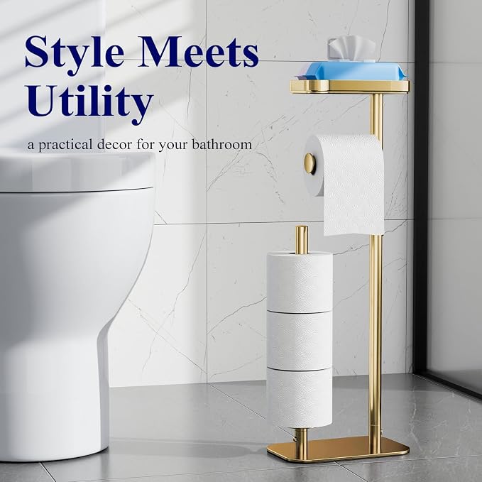 Kitsure Toilet Paper Holder Free Standing – Rustproof Metal Toilet Paper Stand for 4 Rolls with Anti-Slip Base and Shelf for Phone & Small Items, Bathroom Organizers and Storage, Medium, Chrome Gold